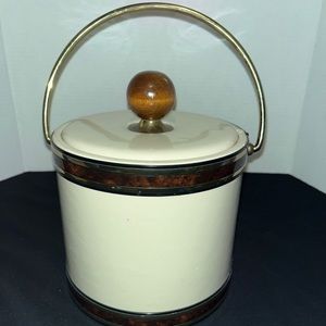 VTG Kraftware Cream Faux Leather and Gold ice bucket Mid Century Modern